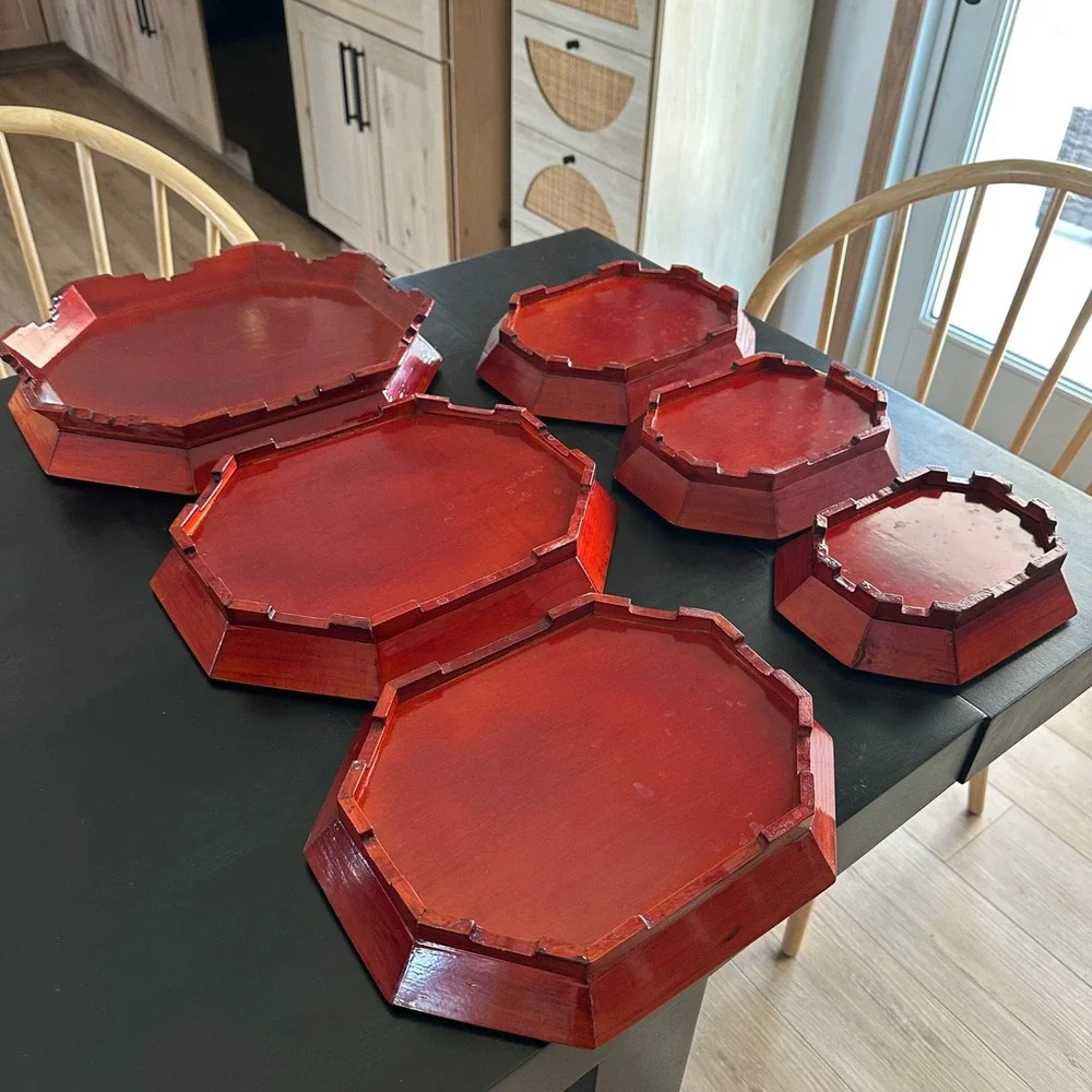 VTG Korean Red Lacquer Nesting Trays 6pc Set Octagon Carved Floral Asian Decor
